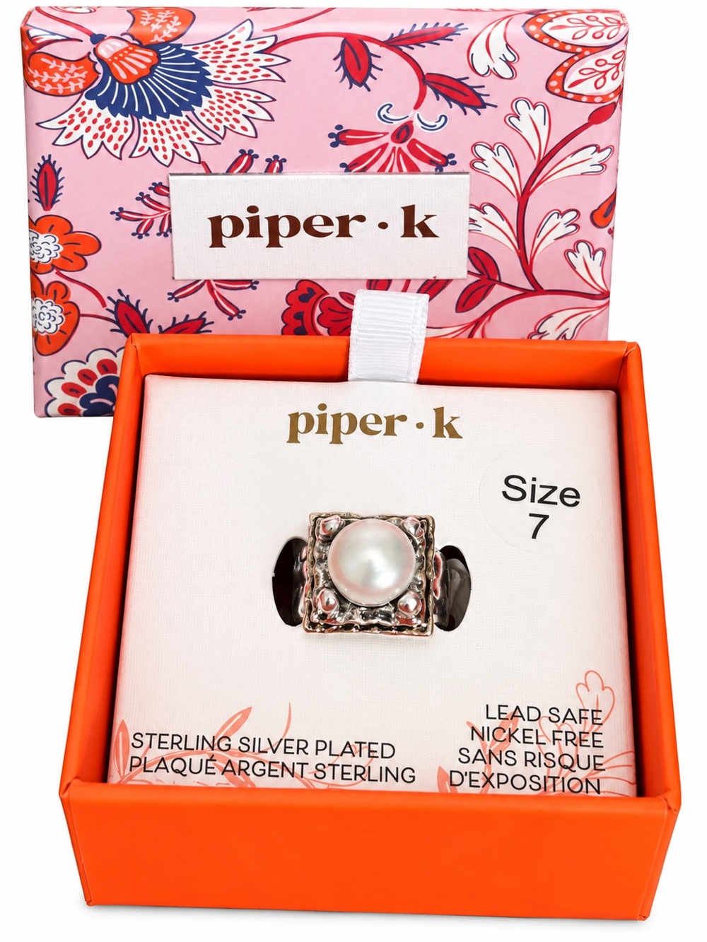 Piper·K Sterling Silver-Plated Pearl Accent Ring in White (Size 7)